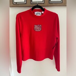 Forever 21 Red Long Sleeve Ribbed Tee with Hello Kitty Embellishment